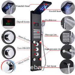 Black LED Shower Panel Tower Rain Stainless Steel Waterfall Massage System Jets