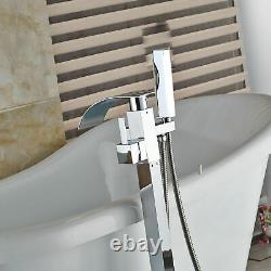 Chrome Waterfall Free Standing Floor Mounted Bath Taps Hand Held Shower Bathtub