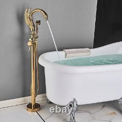 Freestanding Tub Filler Tap Handheld Shower Swan Floor Mount Bath Tap Mixer Gold