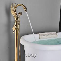 Freestanding Tub Filler Tap Handheld Shower Swan Floor Mount Bath Tap Mixer Gold