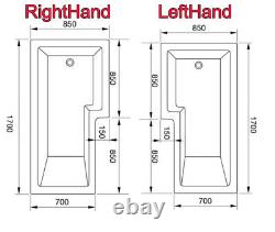 L Shape 1700 Left Right Hand 6 or 8 Jet Shower Bath with Panel Screen Light SPA