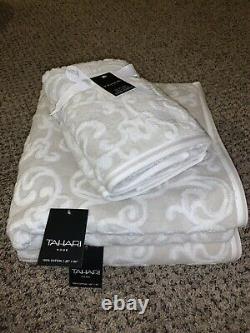 TAHARI Light Grey White Scroll Damask Luxury Bath Hand Towel Set 4 Pieces NWT