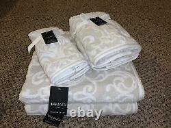 TAHARI Light Grey White Scroll Damask Luxury Bath Hand Towel Set 6 Pieces NWT